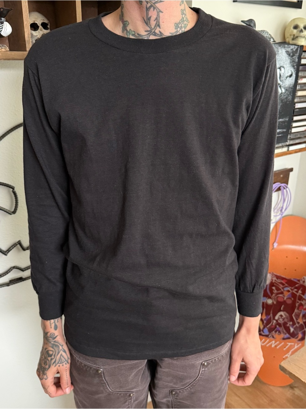 Vintage 70s 80s Deadstock Blank Black Cotton Long Sleeve Tee ~ Size Small - Picture 6 of 10
